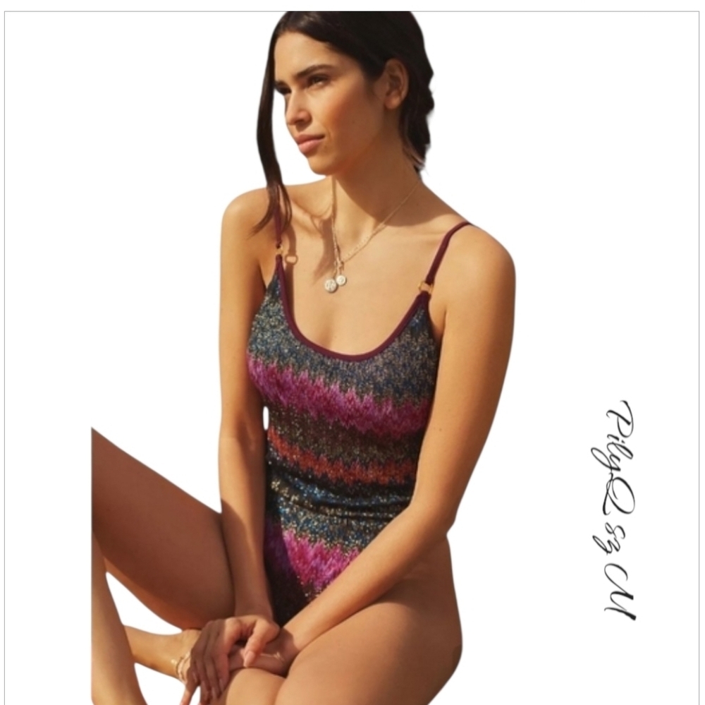 NWT PilyQ PQ Swim Joy Scoop Neck One Piece Swimsuit Multicolor Zig Zag Sz M